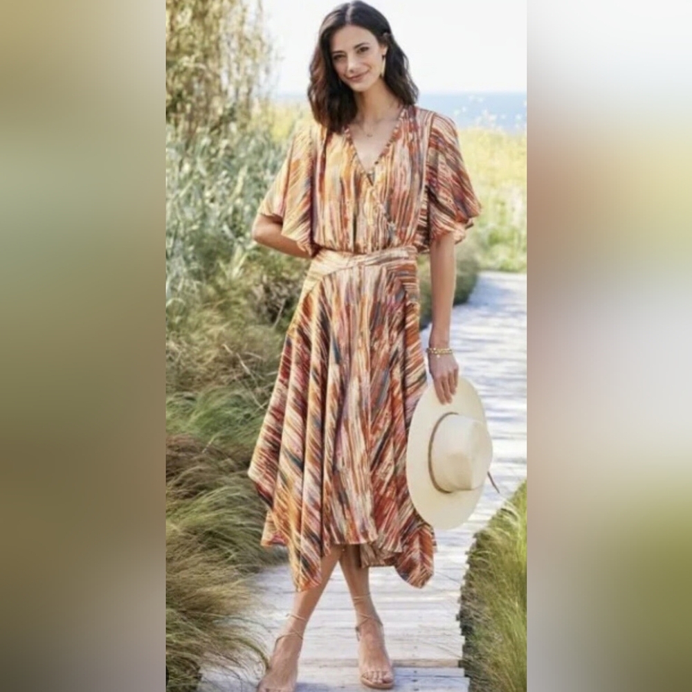 Soft Surroundings Cyra Painted Stripe Fall Flowy Boho Midi Dress Large Petite